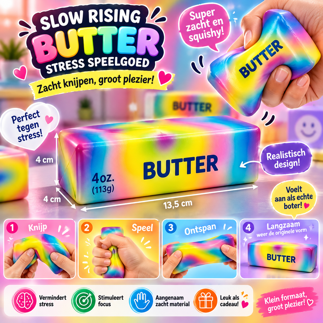 Slow-rising regenboog squishy in de vorm van een boterblok van 13,5 bij 4 bij 4 centimeter