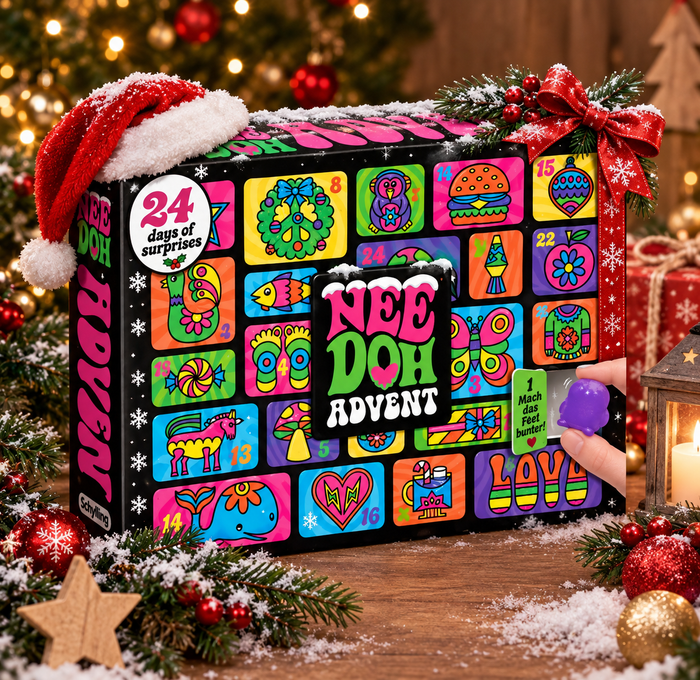 Kleurrijke NeeDoh Adventskalender met 24 verrassingen in kerstdecoratie