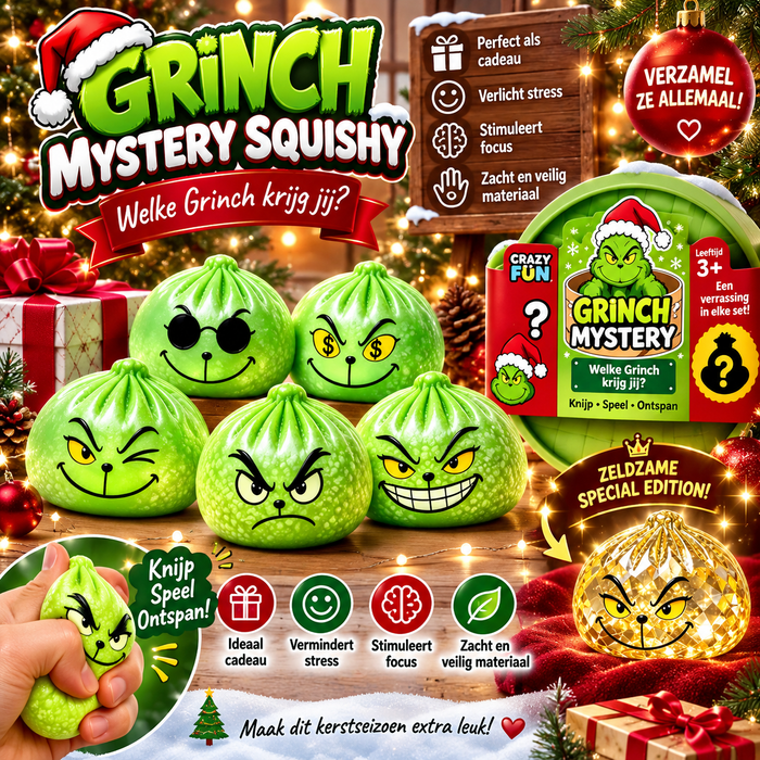 Groene kerst mystery-squishies met verschillende gezichtsuitdrukkingen en verrassingsverpakking