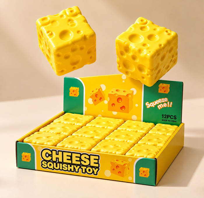 Gele squishy in de vorm van een blokje gatenkaas met winkelverpakking