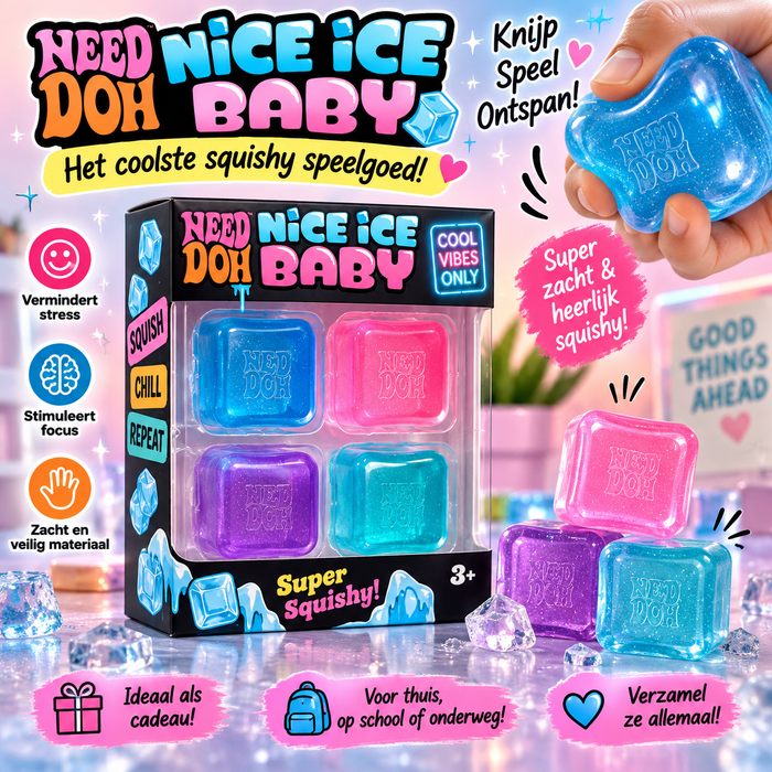 Verpakking met vier NeeDoh Nice Ice Baby squishies in blauw, roze, paars en turquoise